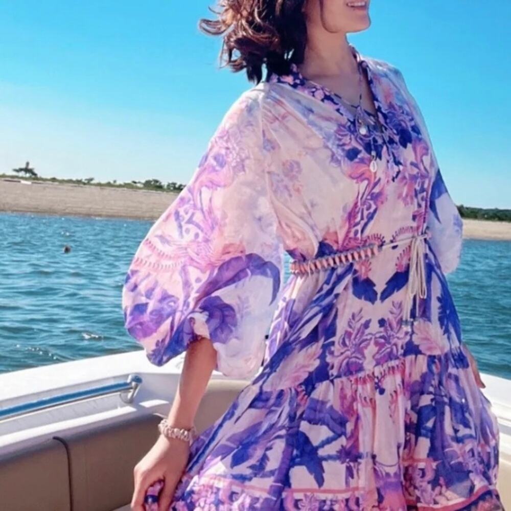ZIMMERMANN Purple Palm Lyre Billow Mini Dress Size 0 / US Small - Picture 11 of 16